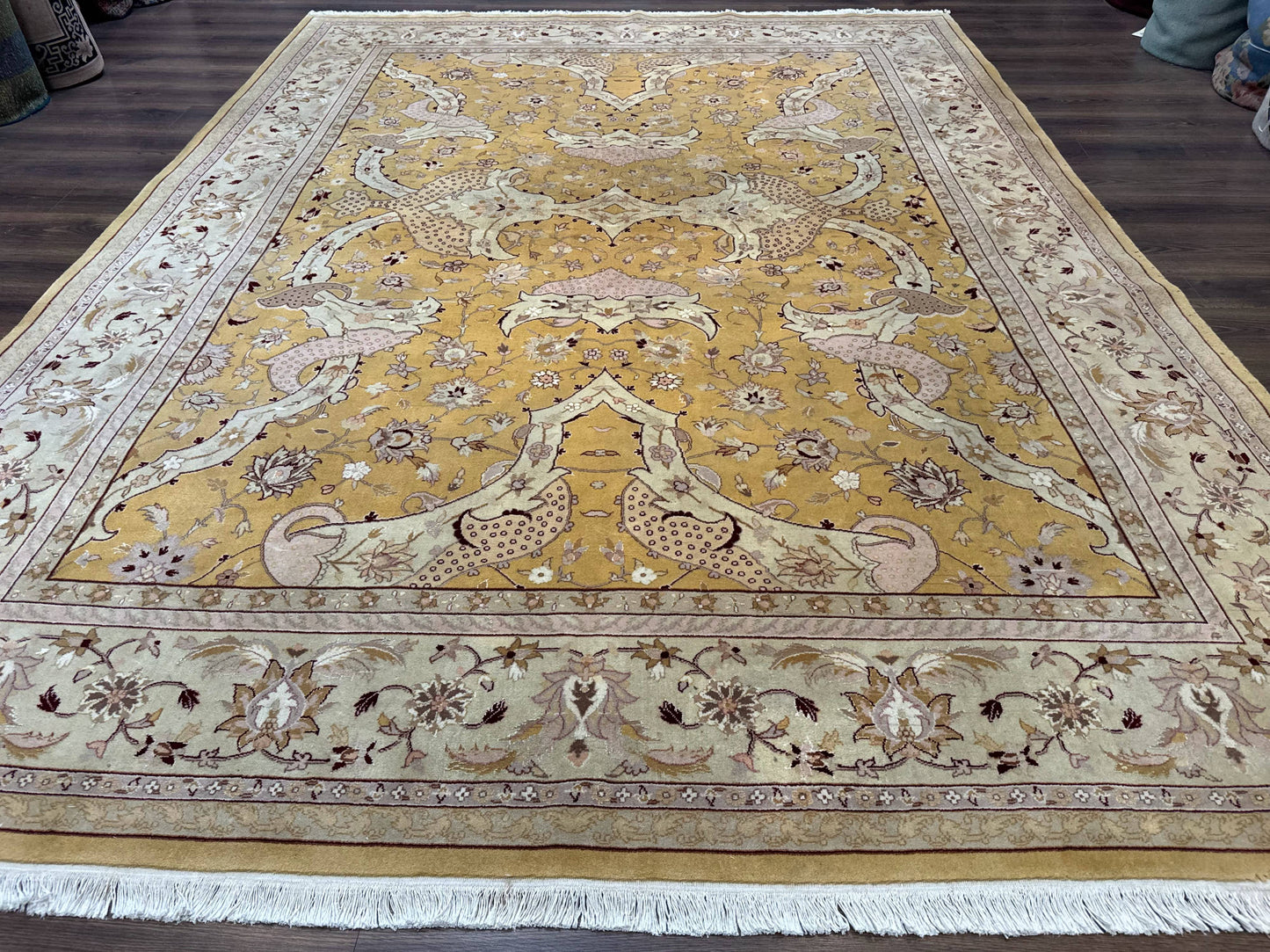 Sino Persian Rug 8x11, Wool with Silk Highlights, Unique Colors, Gold and Light Green, Fine 240 KPSI