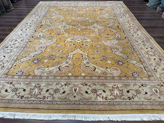 Sino Persian Rug 8x11, Wool with Silk Highlights, Unique Colors, Gold and Light Green, Fine 240 KPSI