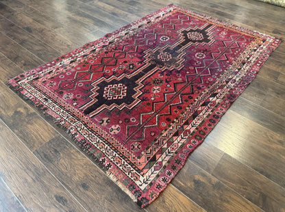 Persian Tribal Shiraz Rug 5x8, Geometric, Raspberry Red and Charcoal, Antique Persian Carpet
