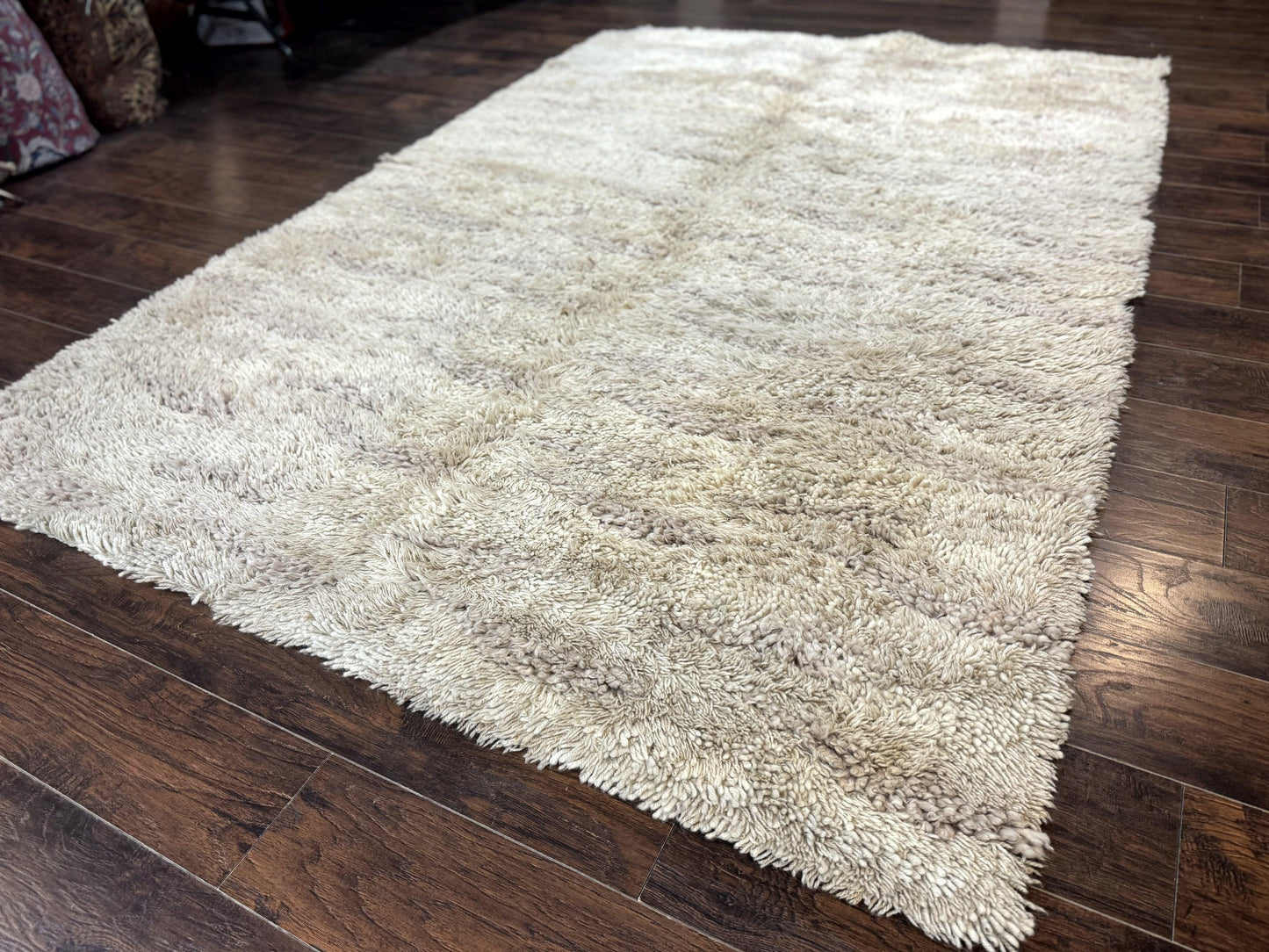 European Rya Shag Rug 6.6 x 9.7 Beige Fluffy Vintage Area Rug