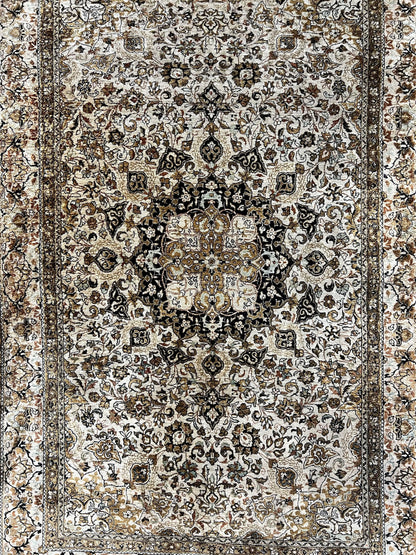 Persian Qum Silk Rug, Floral Medallion, Very Fine 60 Raj 475 KPSI, Handmade Hand Knotted Oriental Carpet, Silk on Silk