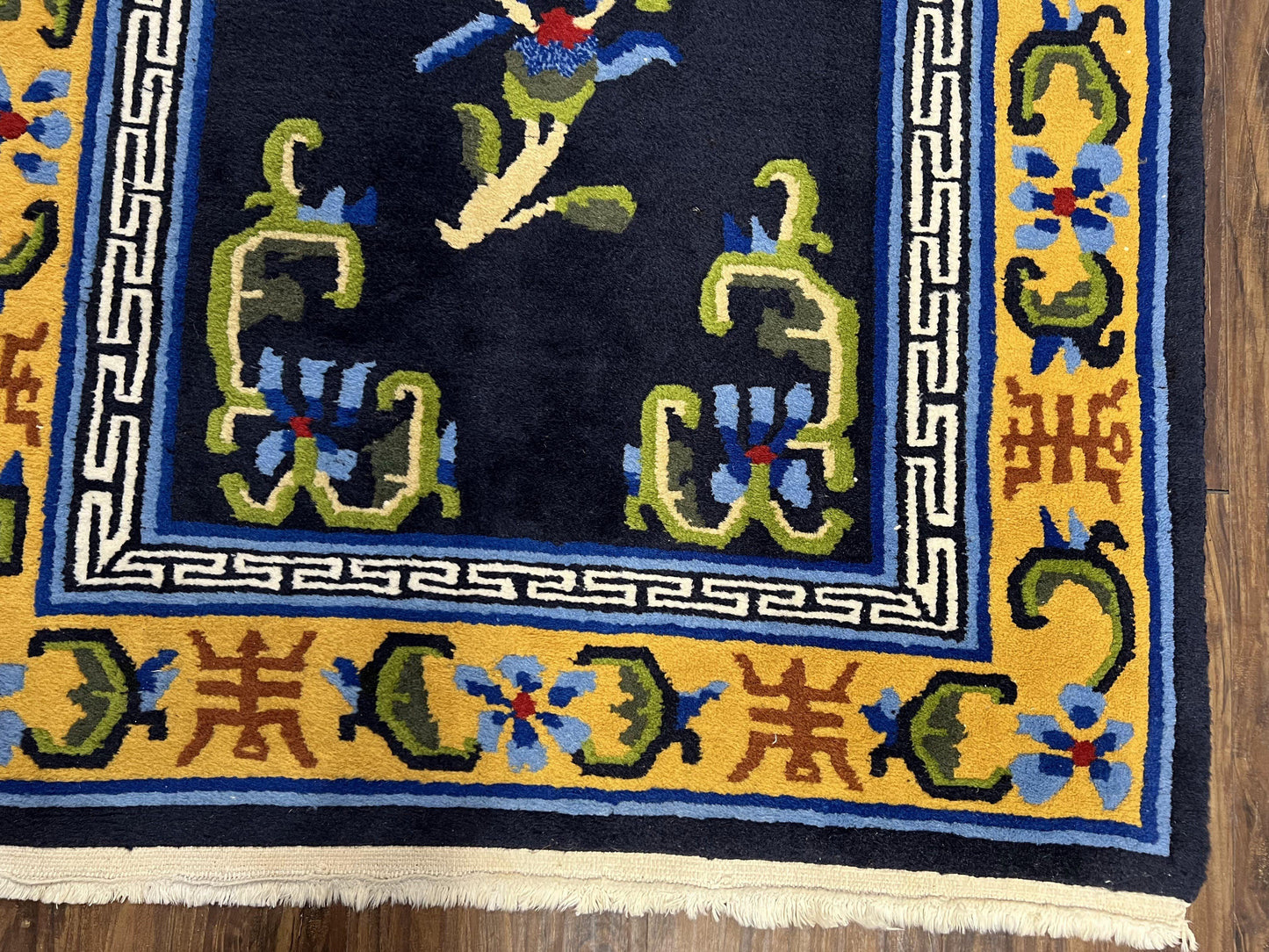 Chinese Art Deco Rug Hand Knotted Vintage Wool Carpet 3x6 Dark Blue Gold Medallion