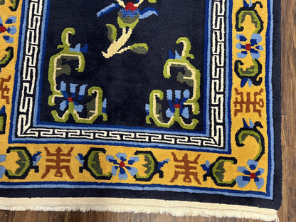 Chinese Art Deco Rug Hand Knotted Vintage Wool Carpet 3x6 Dark Blue Gold Medallion
