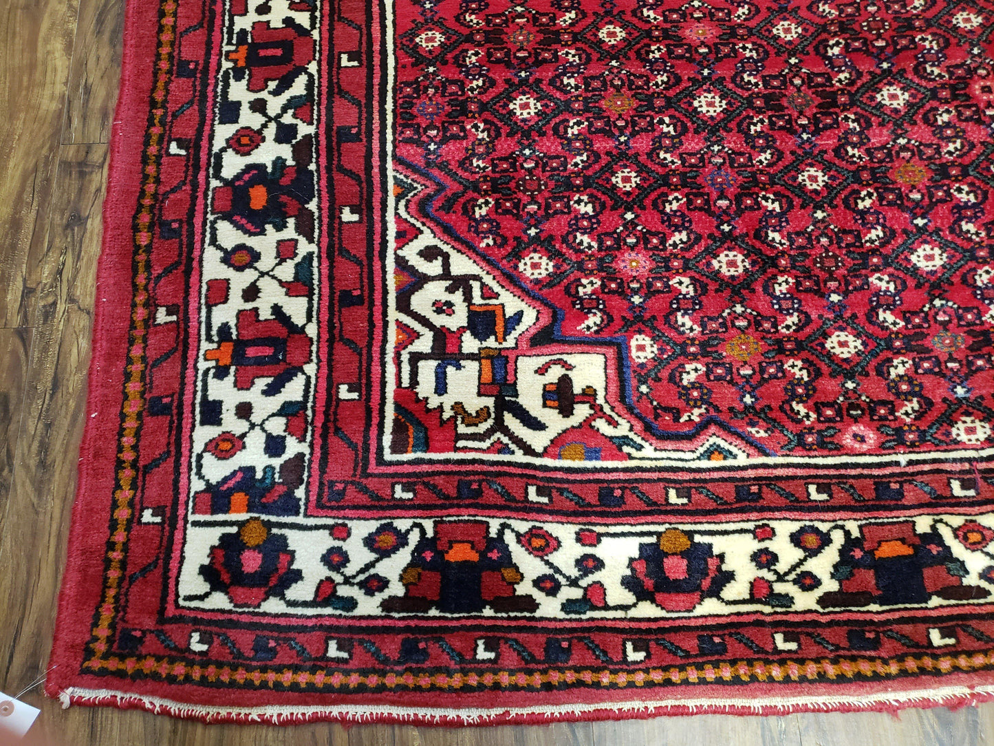 Vintage Persian Hamedan Rug 7x10, Angelas Mahi Pattern, Red, Wool, Hand-Knotted