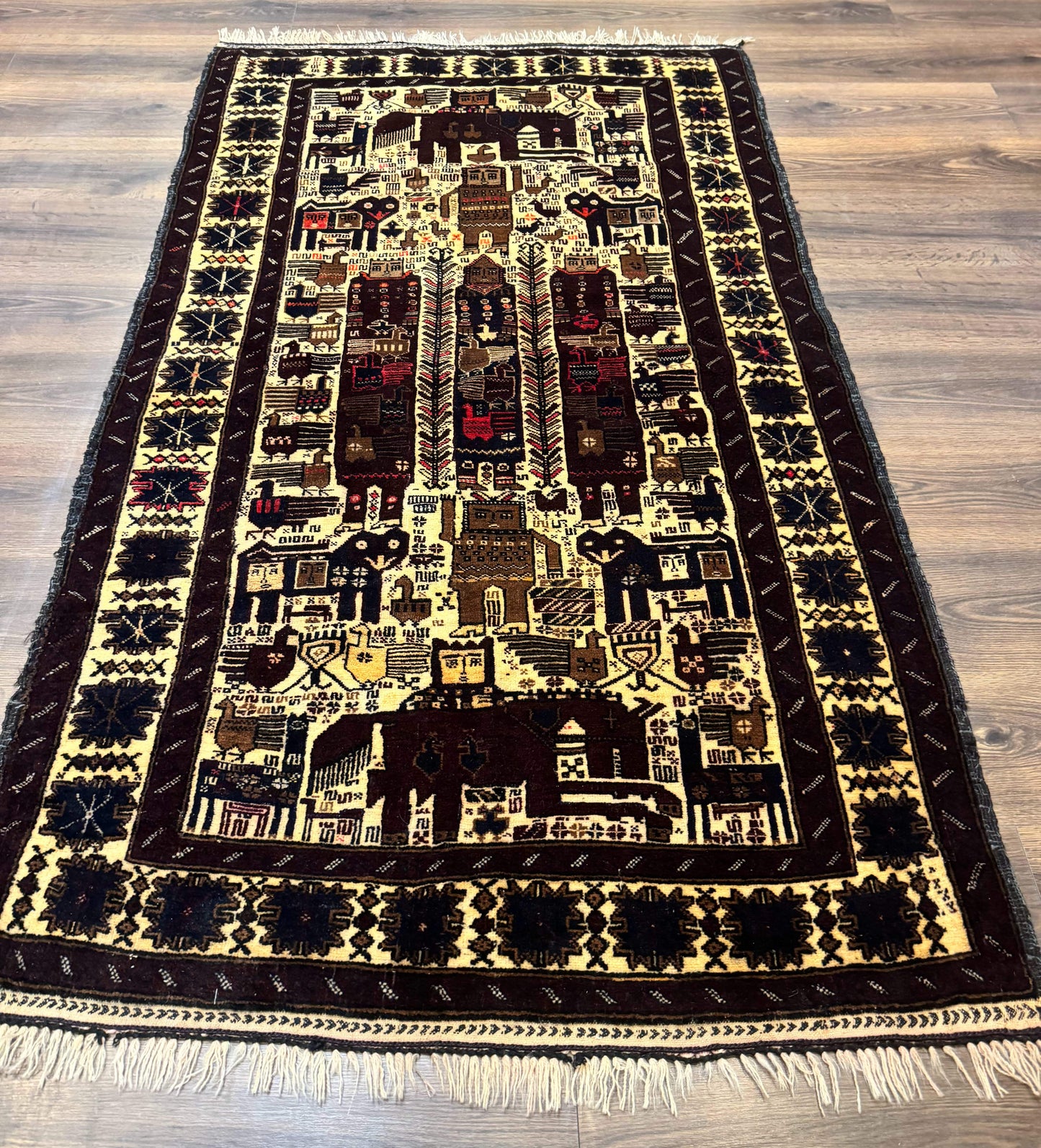 Persian Baluch Tribal Rug 4x6 Vintage Wool With Human And Bird Pictorials