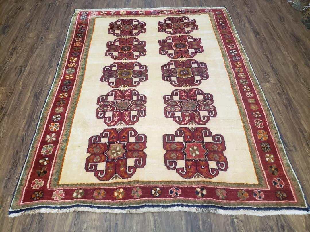 Vintage Persian Gabbeh Rug Hand Knotted In Dark Red And Cream 5 Feet By 6 Feet 4 Inches