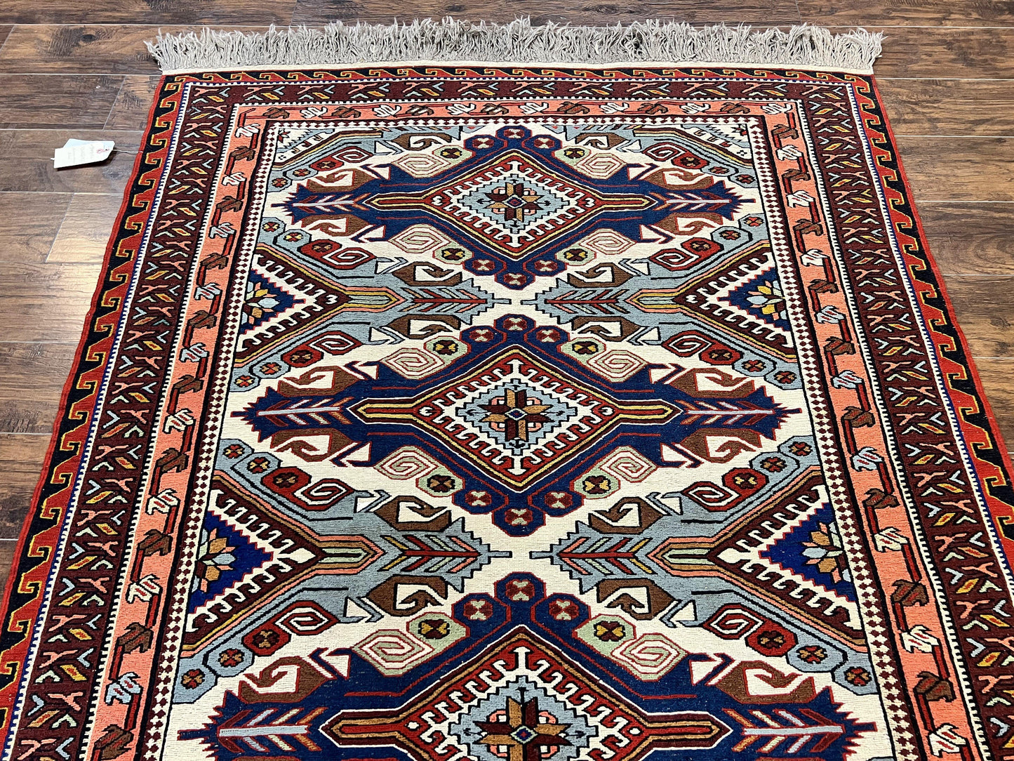 Russian Soumak Rug 6x8, Wool Handmade Antique Kilim Carpet, Multicolor 6 x 8 Geometric Medallions Caucasian Rug, Medium Size