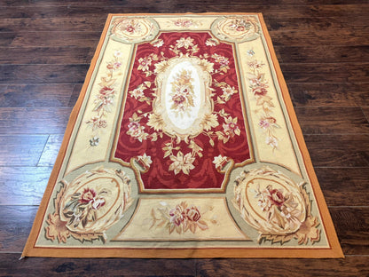 Aubusson Rug 4x6 Red Floral European Design Vintage Wool Handwoven