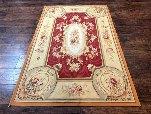 Aubusson Rug 4x6 Red Floral European Design Vintage Wool Handwoven