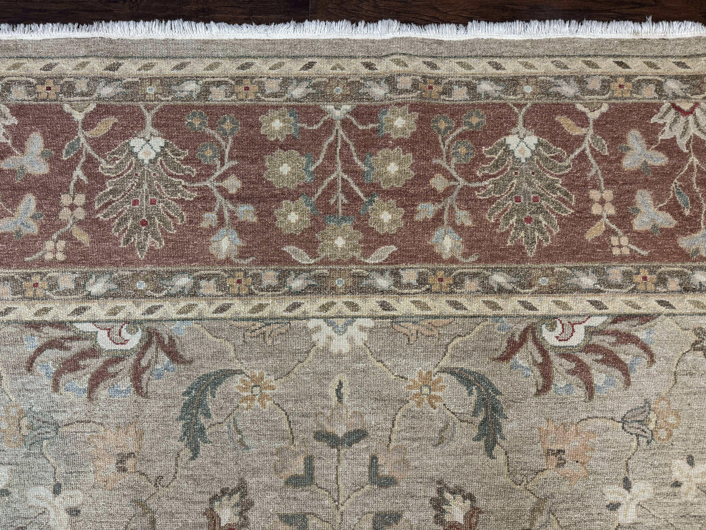 Large Turkish Soumak Rug 10x14, Flatweave Dhurrie, Handmade, Light Green and Salmon