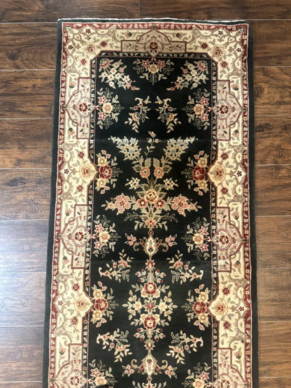 Long Pak Persian Runner Rug 2.7 x 21, Floral Allover, Dark Green and Beige, Handmade Wool Runner Rug, 21ft Runner for Hallway