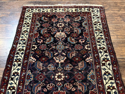 Antique Persian Rug Hamadan 3x6 Navy Blue Ivory Handmade Wool Carpet