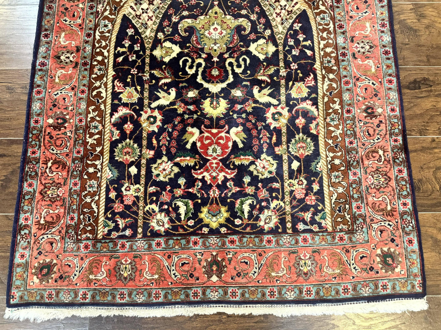 Persian Tabriz Rug 3x4, Navy Blue, Birds, Floral, Prayer Rug, Handmade Wool Rug, Finely Hand Knotted 325 KPSI