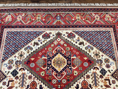 Belgium Power Loomed Wool Rug 8x12 Geometric Medallions Persian Tribal Pattern Ivory Red Blue