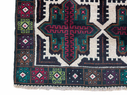 Vintage Handmade Baluchi Wool Rug Afghan Tribal Carpet Red Beige Green 3 By 4 Feet