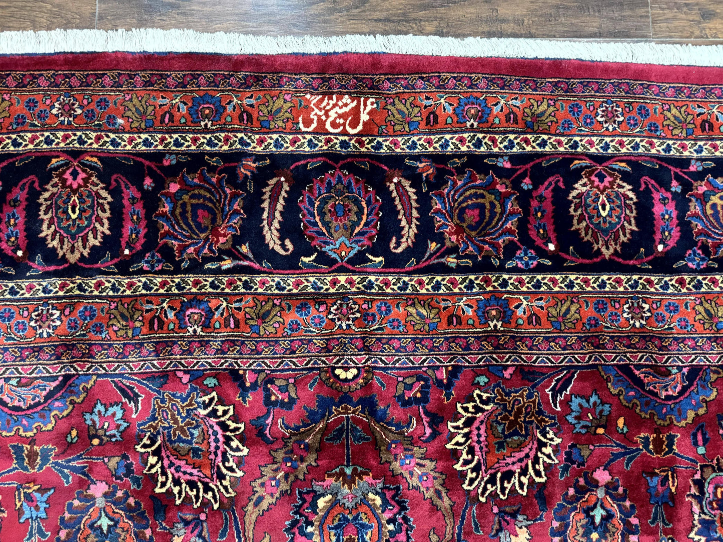 Palace Size Persian Mashad Rug 12x16, Raspberry and Navy Blue, Signature from Master Weaver, Antique Handmade Large Wool Carpet