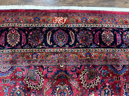 Palace Size Persian Mashad Rug 12x16, Raspberry and Navy Blue, Signature from Master Weaver, Antique Handmade Large Wool Carpet