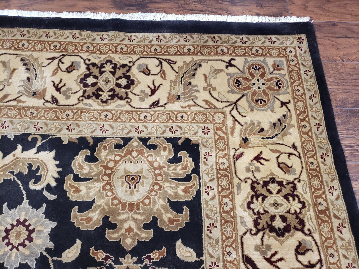 Indo Mahal Rug 8x12 Handmade Wool Area Rug With Black Floral Oriental For Dining Room