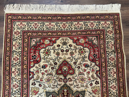 Turkish Sivas Rug 4x6, Floral Medallion, Beige Pink-Red Green, Handmade