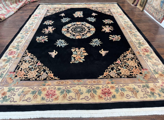 Chinese Wool Rug Hand Knotted Vintage Floral Medallion 9x12 Oriental Carpet