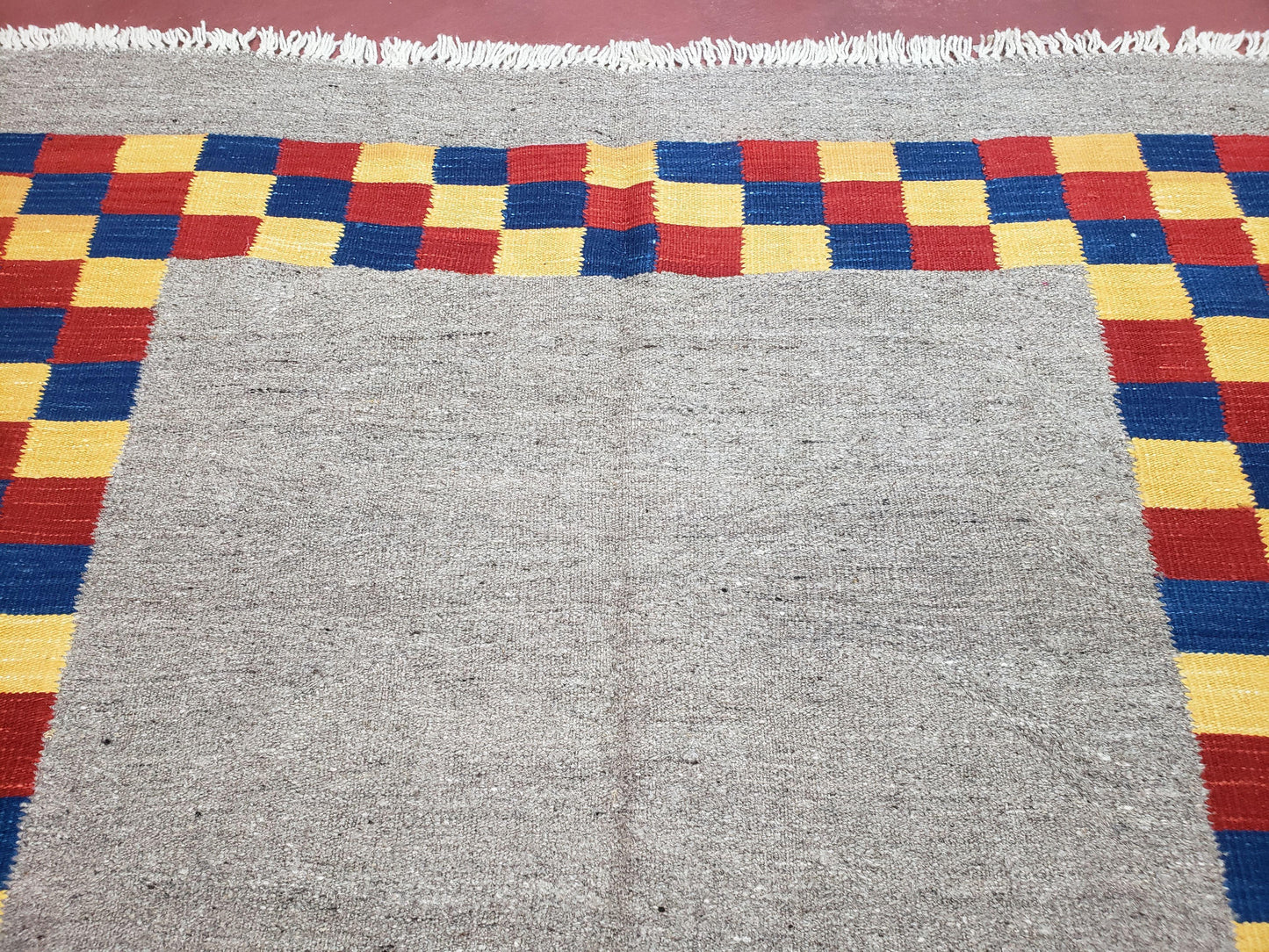 Turkish Kilim Rug Hand Knotted Wool Area Rug 5 Ft 6 In By 8 Ft Gray With Colorful Checker Border