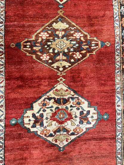 Antique Persian Bidjar Rug 4x8 Hand Knotted Wool Carpet With Triple Medallions 1920s Red