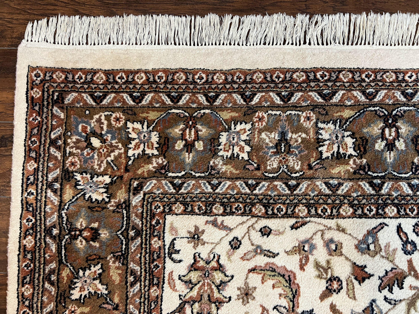 Indo Kirman Rug 8x12 Allover Floral Design, Ivory/Cream Brown, Vintage Handmade Hand Knotted Rug, Traditional Wool Persian Carpet 8 x 12