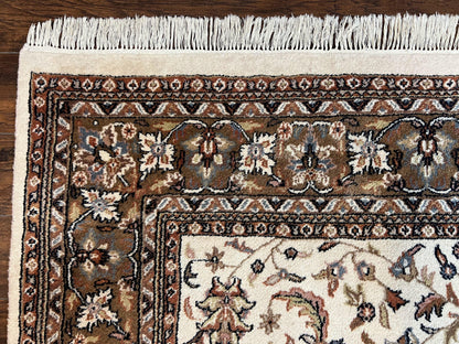 Indo Kirman Rug 8x12 Allover Floral Design, Ivory/Cream Brown, Vintage Handmade Hand Knotted Rug, Traditional Wool Persian Carpet 8 x 12
