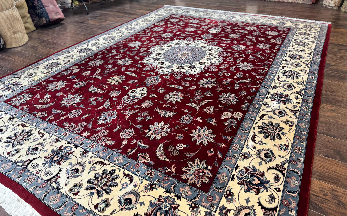 Pak Persian Rug 9x12, Maroon and Ivory, Wool Handmade Vintage