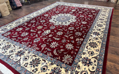 Pak Persian Rug 9x12, Maroon and Ivory, Wool Handmade Vintage
