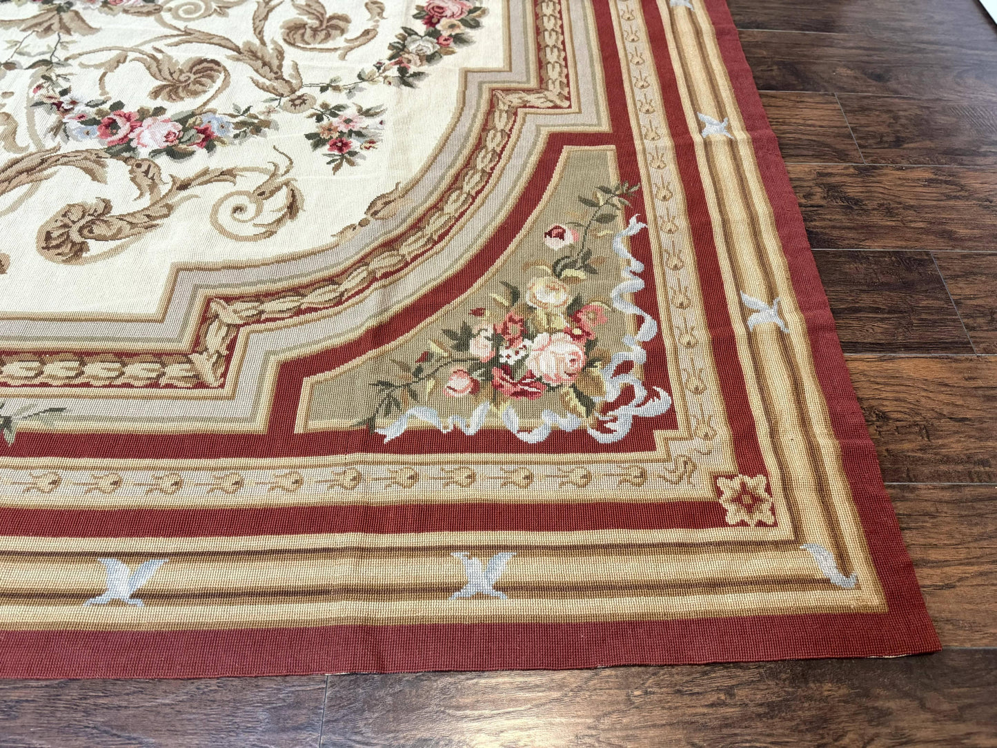 Elegant Aubusson Needlepoint Rug 9x11 Handmade Wool Flatweave Floral Cream