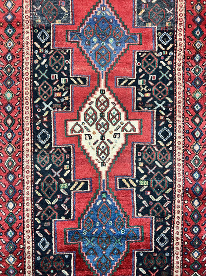 Senneh Runner Rug Persian Kurdish Handmade Wool 3x9 9ft Medallion Red Navy Blue Hallway Kitchen