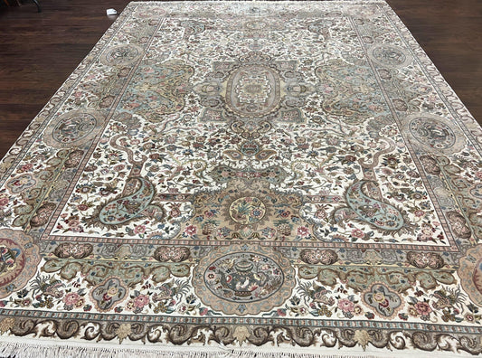 Sino Persian Rug 9x12 Wool On Silk Hand Knotted Ivory Vintage Floral Birds Design Oriental Rug