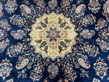 Persian Kerman Rug 10x14 Wool Floral Medallion Handmade Blue And Beige