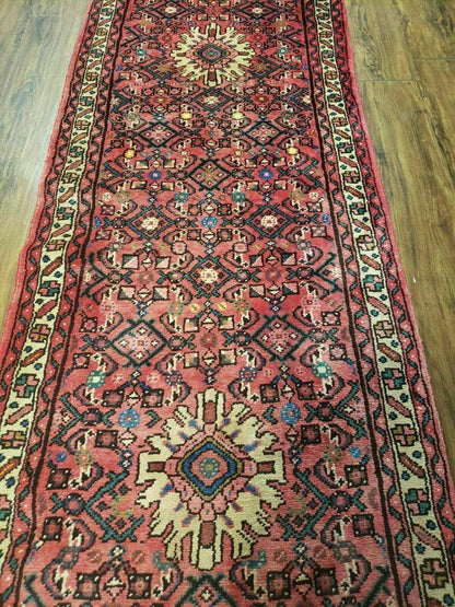 Persian Hamadan Runner Rug 2ft 8in X 13ft 9in Vintage Handmade Wool Red