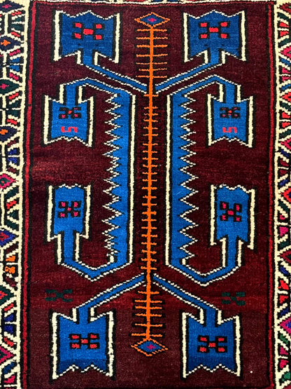 Persian Baluchi Rug Small Geometric Burgundy And Blue Design