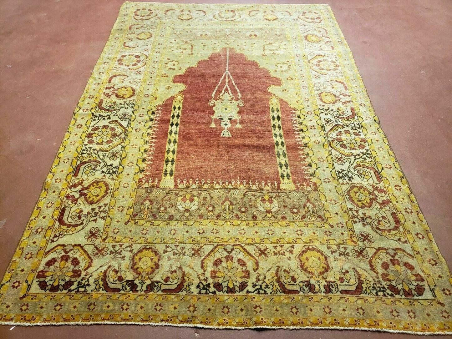 Antique Turkish Oushak Rug Open Field Medallion Prayer Wool 53 By 81
