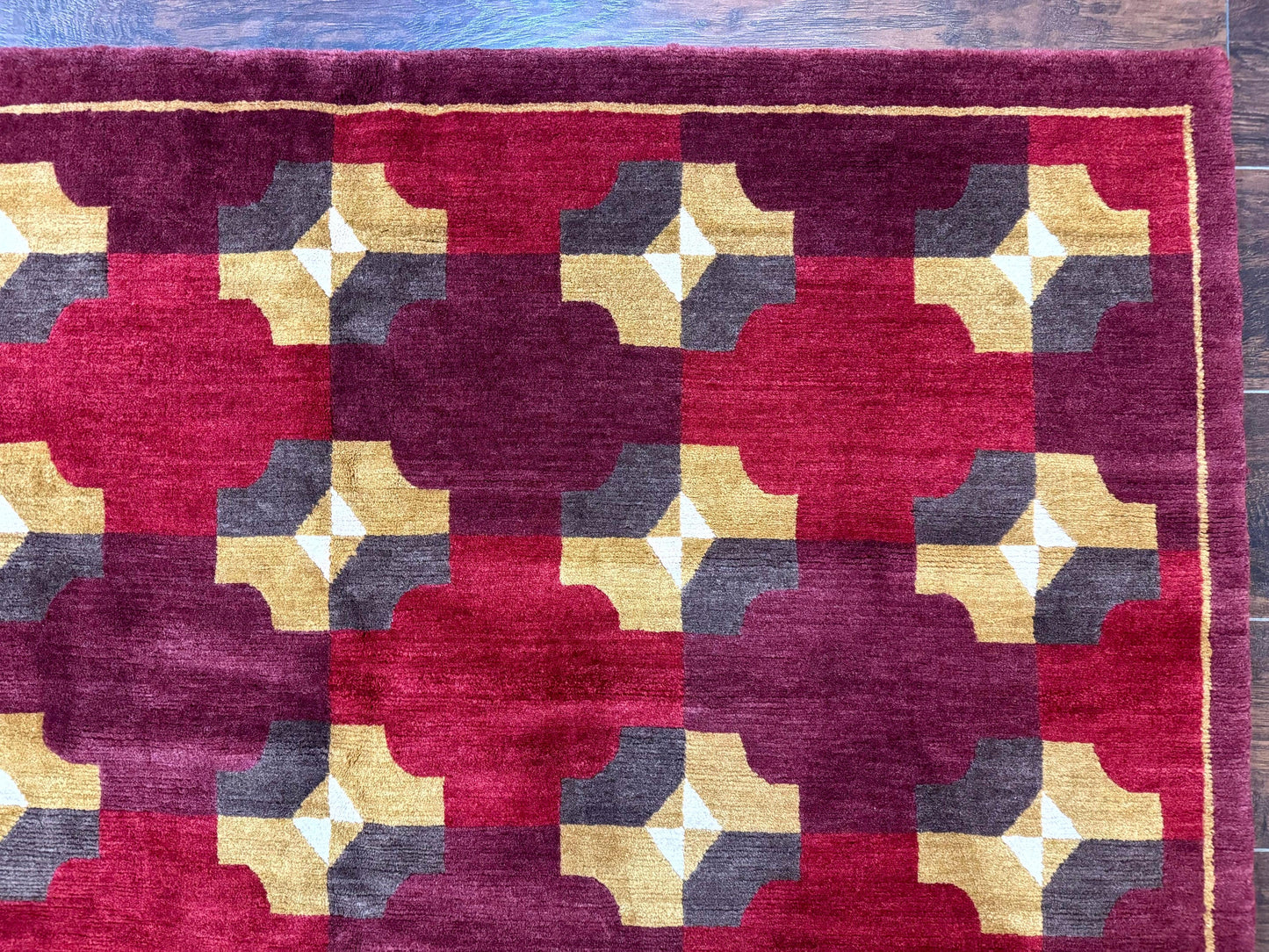 Modern Tibetan Rug 5 x 6.8, Wool, Red, Allover Pattern, Nepali Rug, Abstract Rug, Handmade Area Rug