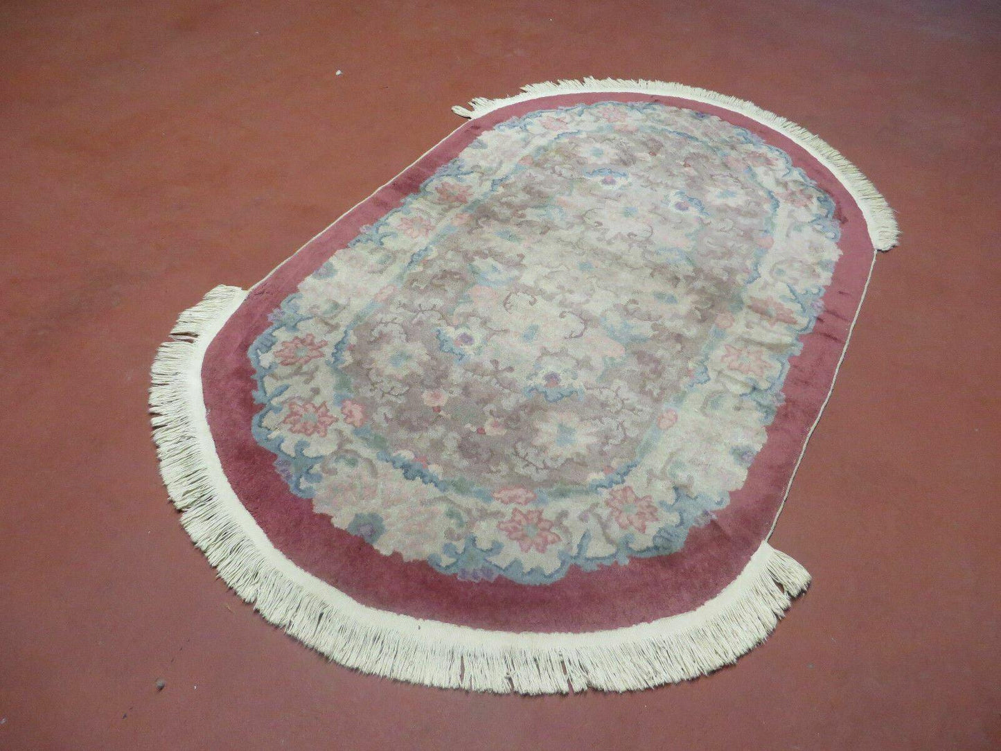 Oval Chinese Art Deco Rug 3x5 Vintage Wool Carpet Hand Knotted 1960s