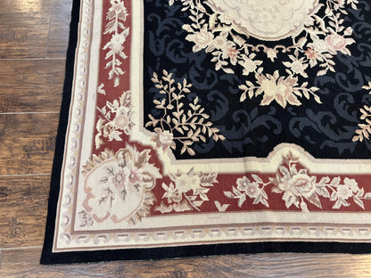 Needlepoint Rug 5x8 Wool Handmade Vintage European Aubusson Flatweave Rug Black and Maroon