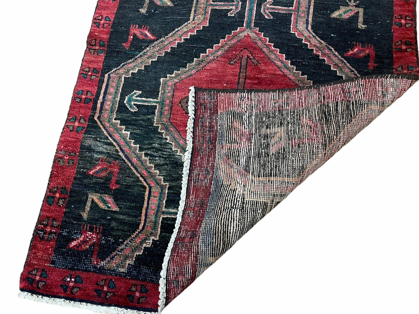 Handmade Wool Tribal Runner Rug 3X7 Geometric Boho Red Blue Organic Dyes