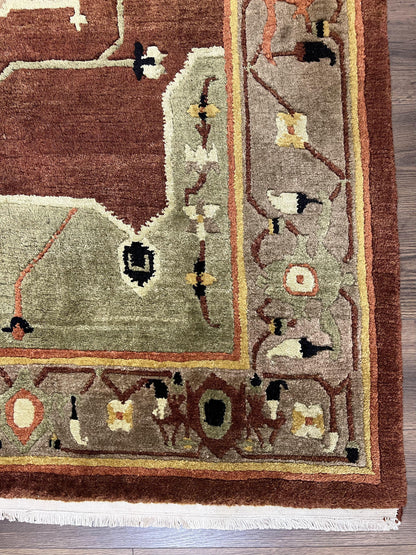 Tibetan Rug 7x10, Geometric Medallion, Red Green Taupe, Hand Knotted, Soft Wool Area Rug, Contemporary Carpet, Handmade Nepali Rug 7 x 10 ft