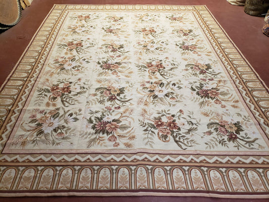 Needlepoint Rug 8x10 Aubusson Rug Victorian Floral Rug Handmade French Style French Decor Garden Panel Beige 8 x 10 Area Rug 100% Wool