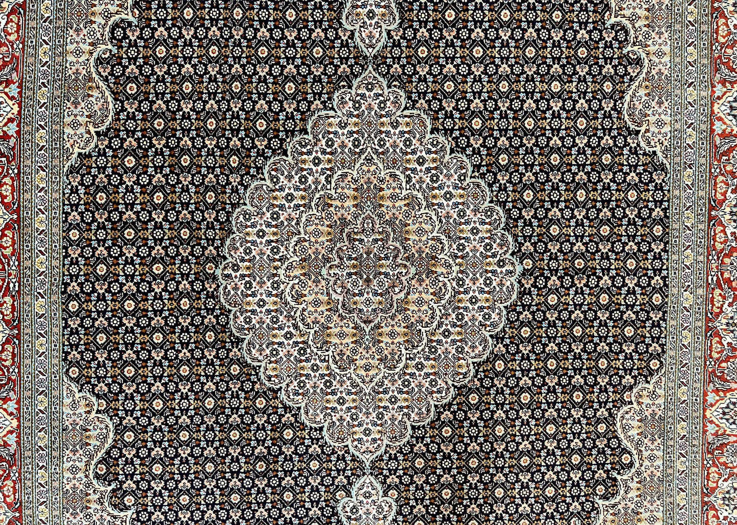 Persian Tabriz Rug 5x7, Wool with Silk Highlights, Hand Knotted Vintage Oriental Carpet, Very Fine, Herati Mahi Pattern, Black, Rare
