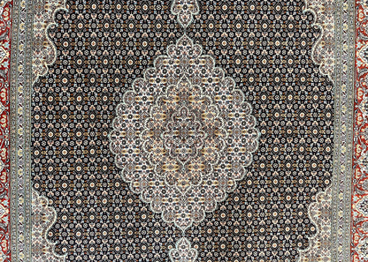 Persian Tabriz Rug 5x7, Wool with Silk Highlights, Hand Knotted Vintage Oriental Carpet, Very Fine, Herati Mahi Pattern, Black, Rare