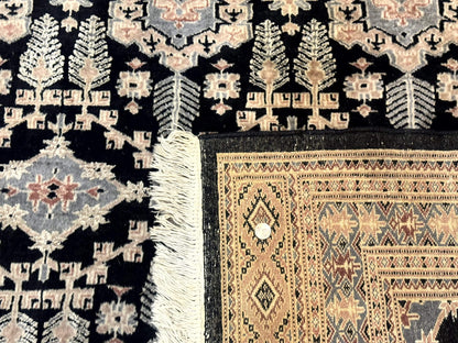 Turkoman Bokhara Rug 6x9 Hand Knotted Wool Carpet Black Handmade Authentic Pakistani