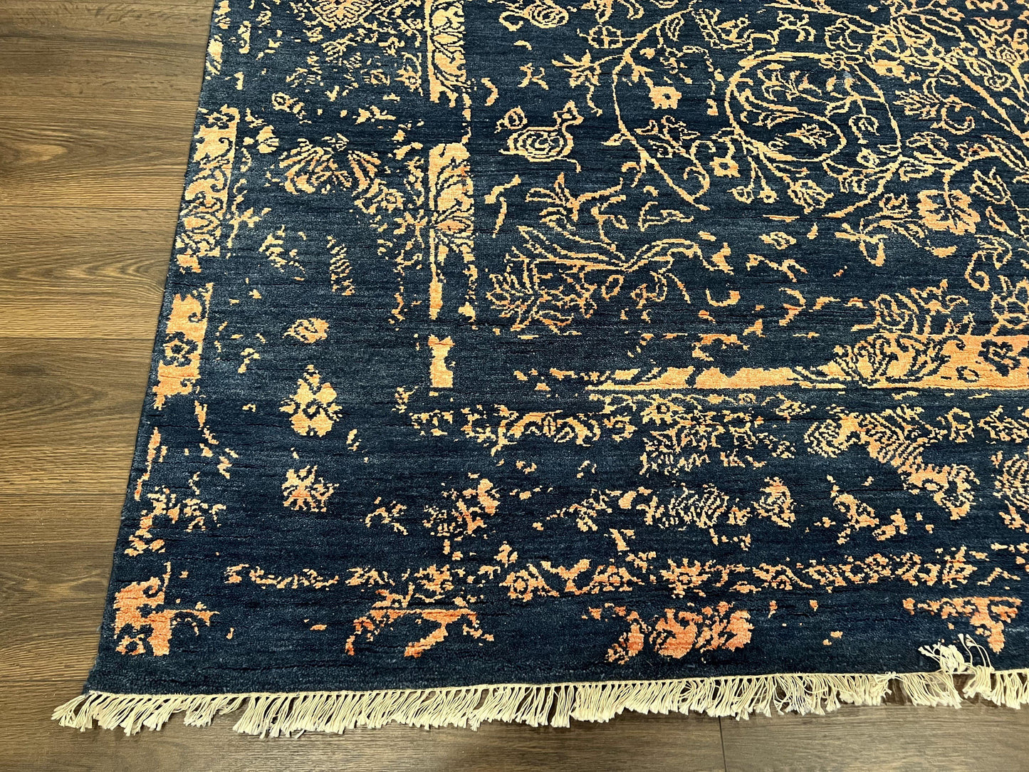 Handmade Wool Area Rug 8x10 Pakistani Oriental Blue and Gold Modern Living Room Decor