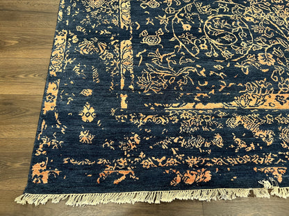 Handmade Wool Area Rug 8x10 Pakistani Oriental Blue and Gold Modern Living Room Decor