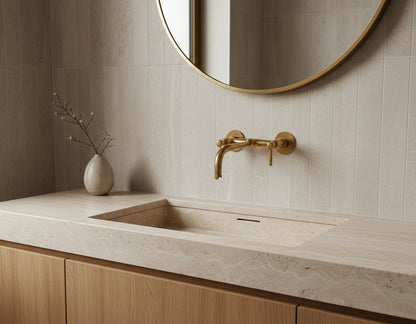 Integrated stone sink with brass wall faucet and round mirror.