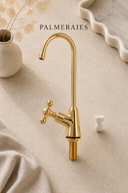 A polished gold kitchen faucet with a cross-handle and matching small white valve, styled on a beige stone-like surface with decorative props and the brand name PALMERAIES above.